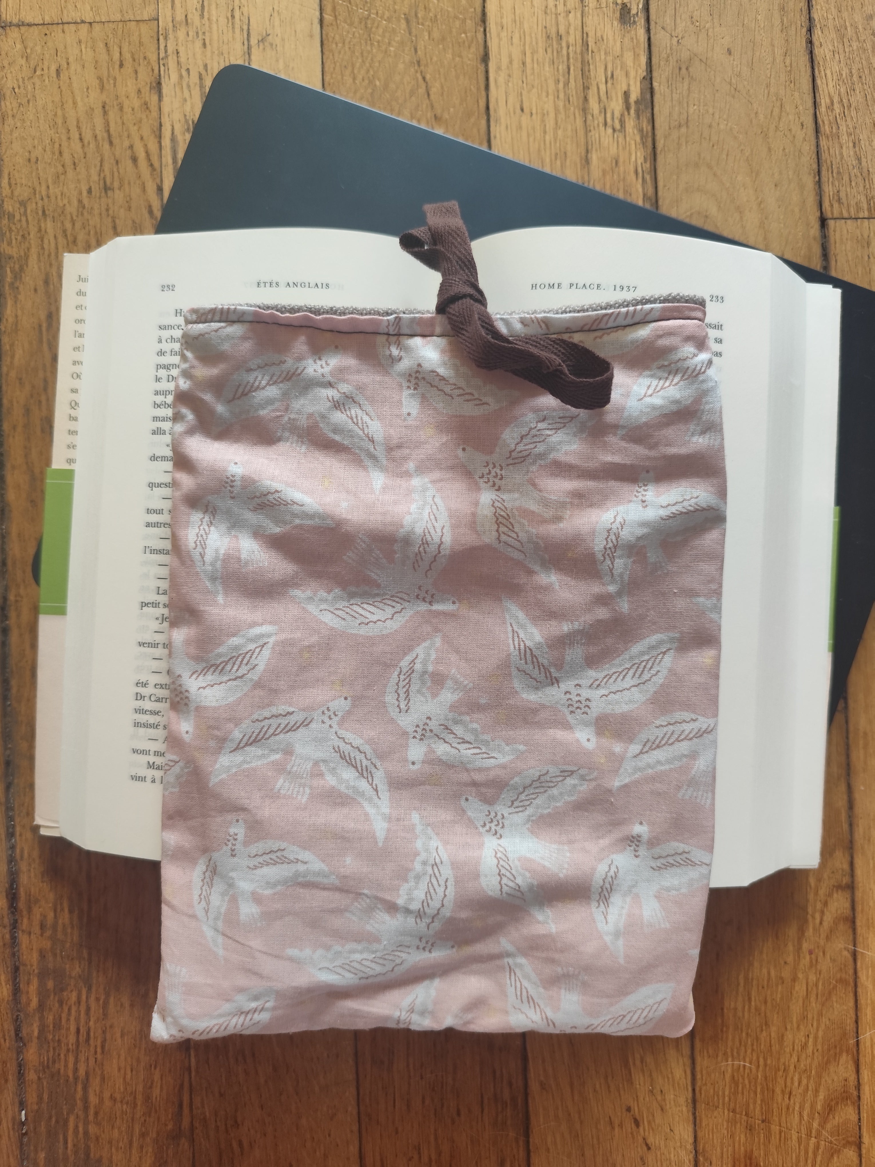 Pochette réversible Nomade — Oiseaux blancs & Lin chiné