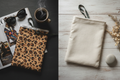 Mise en situation pochette réversible léopard et lin naturel