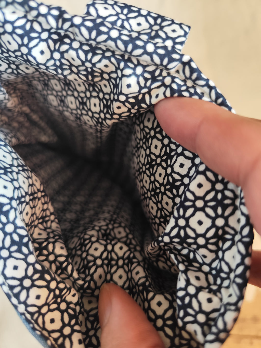 Denim-colored book sleeve – Black & white geometric flap